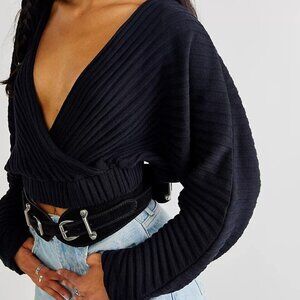 Free People Beach Delray Sweater Top Pullover Black  XS Soft Ribbed Deep V Crop